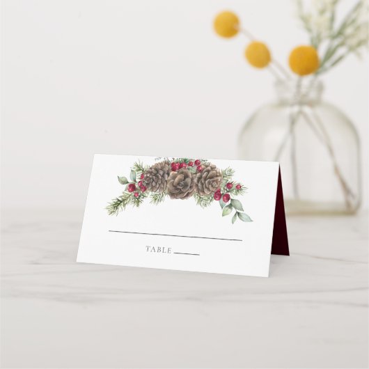 Winter Waterverf Botanische dennenappel bruiloft Plaatskaartje (Voorkant)