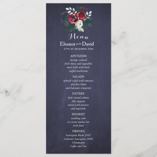 Winter waterverf botanische marine bruiloft menu (Voorkant)