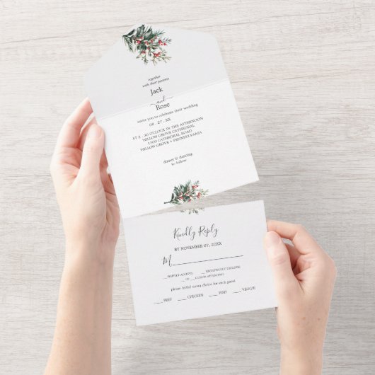 Winter Waterverf bruiloft All In One Uitnodiging (Afscheurbaar)