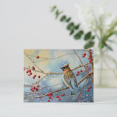Winter Waterverf Cedar Waxing Bird & Berries Art Briefkaart (Staand voorkant)