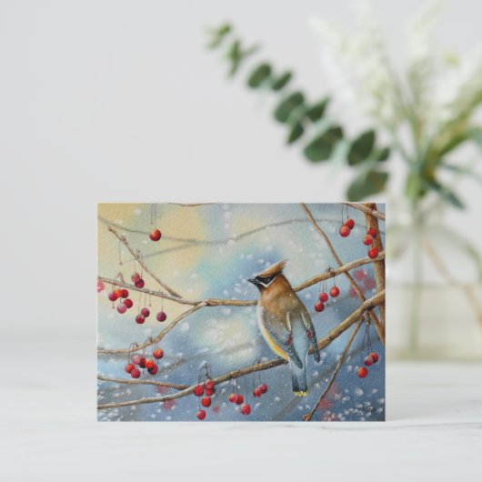 Winter Waterverf Cedar Waxing Bird & Berries Art Briefkaart (Staand voorkant)