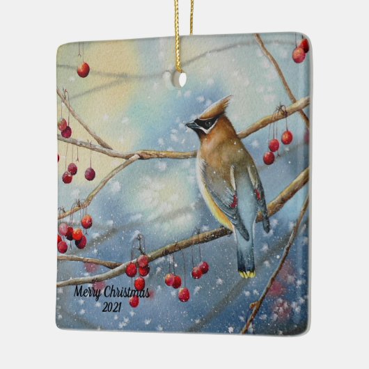 Winter Waterverf Cedar Waxing Bird & Berries Art Keramisch Ornament (Links)