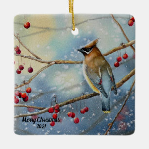 Winter Waterverf Cedar Waxing Bird & Berries Art Keramisch Ornament