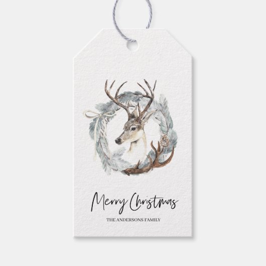 Winter Waterverf Deer Wreater Kerstmis Cadeaulabel (Voorkant)