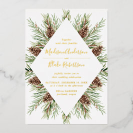 Winter Waterverf Dennenkegel Frame Trouwkaart Folie Uitnodiging