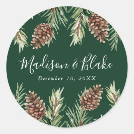 Winter Waterverf Dennenkegel Groen Huwelijk Ronde Sticker