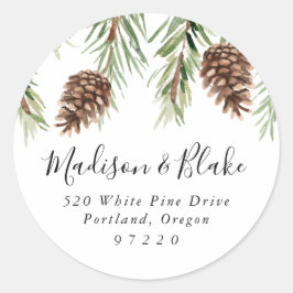 Winter Waterverf Dennenkegel Retouradres Ronde Sticker