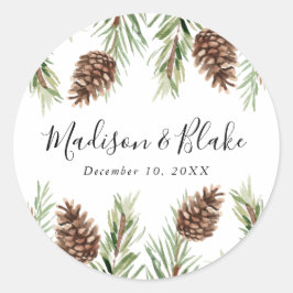 Winter Waterverf Dennenkegel Trouwen Ronde Sticker