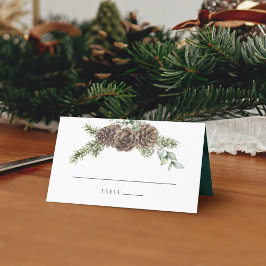 Winter Waterverf Evergreen Pine Cone Wedding Plaatskaartje