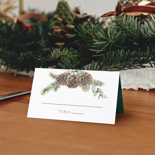Winter Waterverf Evergreen Pine Cone Wedding Plaatskaartje