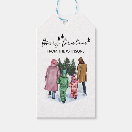 Winter Waterverf Familie van 4 kerst Cadeaulabel (Voorkant)