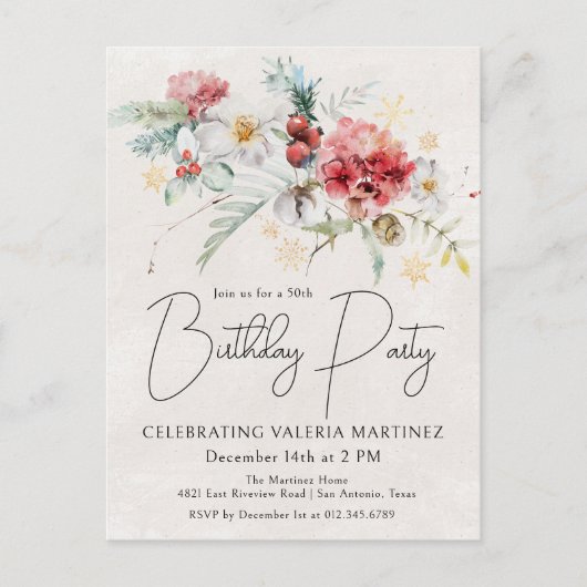 Winter Waterverf Flowers 50ste verjaardagsfeestje Uitnodiging Briefkaart (Voorkant)