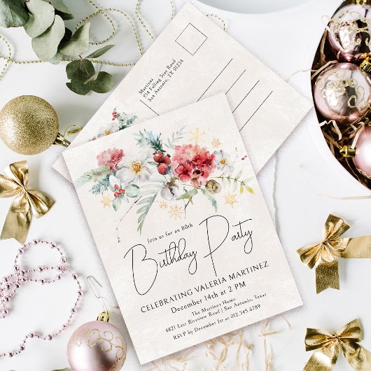 Winter Waterverf Flowers 80ste verjaardagsfeestje Uitnodiging Briefkaart