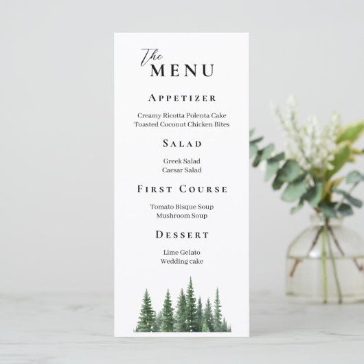 Winter Waterverf Forest Elegant Bruiloft Menu (Staand voorkant)