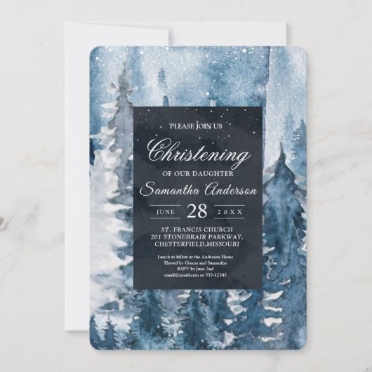 Winter Waterverf Forest & Navy Blue & White Invit Kaart (Voorkant)