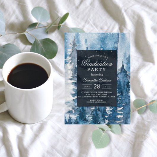 Winter Waterverf Forest & Navy Blue & White Invit Kaart