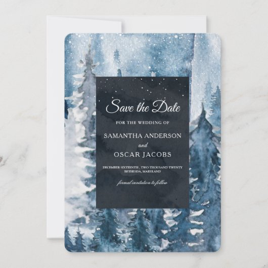 Winter Waterverf Forest & Navy Blue & White Save The Date (Voorkant)