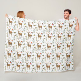 Winter Waterverf Hand Drawn Deer Rabbits Birds Fleece Deken