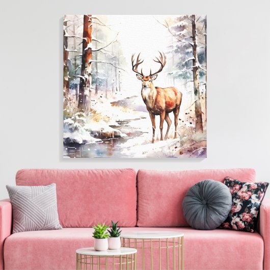 Winter Waterverf Herten Canvas Kunst (Insitu (Woonkamer))