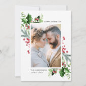 Winter Waterverf Holly Berries & Greenery 3 Foto Feestdagenkaart (Voorkant)