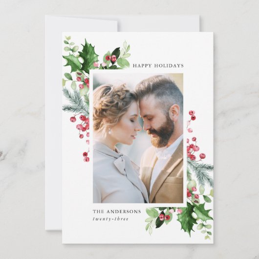Winter Waterverf Holly Berries & Greenery 3 Foto Feestdagenkaart (Voorkant)