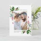 Winter Waterverf Holly Berries & Greenery 3 Foto Feestdagenkaart (Staand voorkant)