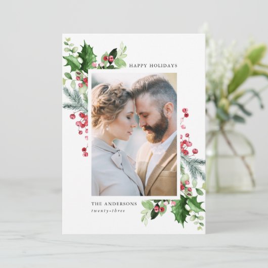 Winter Waterverf Holly Berries & Greenery 3 Foto Feestdagenkaart (Staand voorkant)