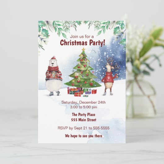 Winter waterverf kerstboomfeest uitnodiging (Staand voorkant)