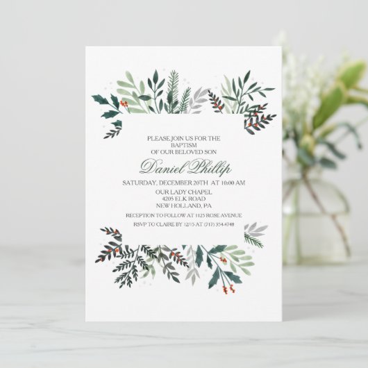 Winter Waterverf krans doopuitnodiging Kaart (Staand voorkant)