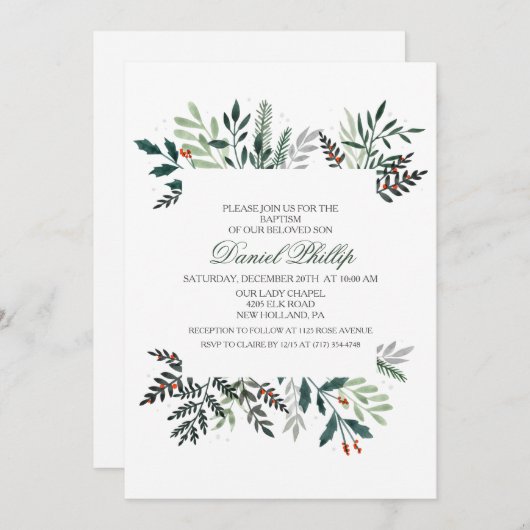 Winter Waterverf krans doopuitnodiging Kaart (Voorkant / Achterkant)