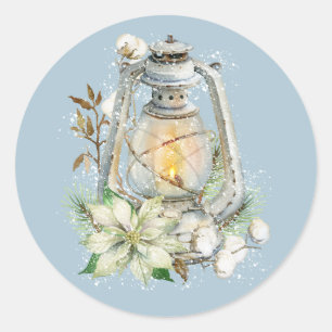 Winter Waterverf Lantaarn Sneeuw Kerstmis Blauw Ronde Sticker