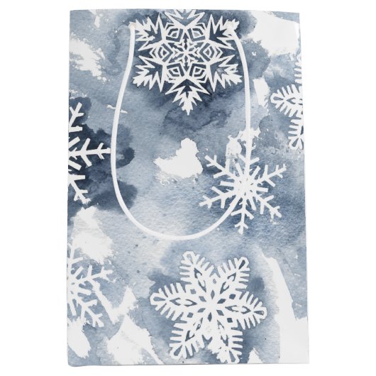 Winter Waterverf Navy White Snowflake Medium Cadeauzakje (Voorkant)