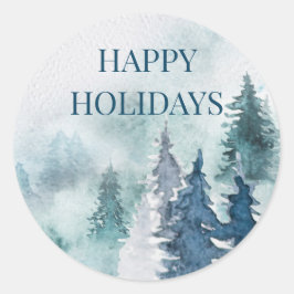 Winter Waterverf Pijnboombos Blauw Groen Custom Ronde Sticker