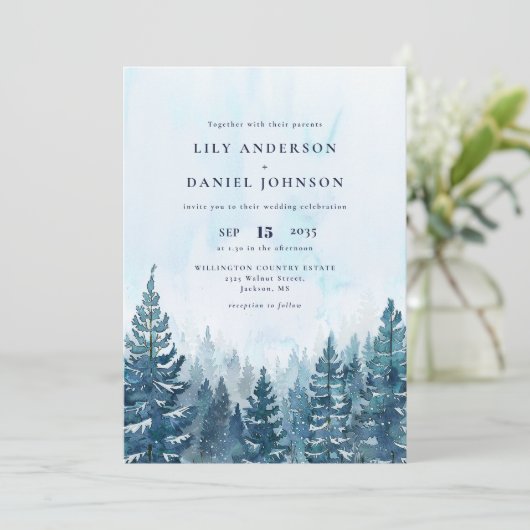 Winter Waterverf Pijnboombos QR Code Bruiloft Kaart (Staand voorkant)