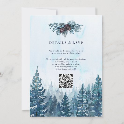 Winter Waterverf Pijnboombos QR Code Bruiloft Kaart (Achterkant)
