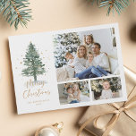 Winter Waterverf Pine Christmas 3 Foto Feestdagenkaart<br><div class="desc">Deze elegante 3 foto-kerstkaart is voorzien van een waterverf dennenboom versierd met gouden sterren en sprenkelingen. Op de achterkant is een waterverf winterbospatroon te zien.</div>