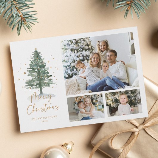 Winter Waterverf Pine Christmas 3 Foto Feestdagenkaart