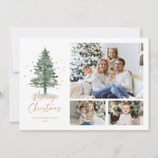 Winter Waterverf Pine Christmas 3 Foto Feestdagenkaart (Voorkant)