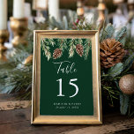 Winter Waterverf Pine Cone Green Wedding Kaart<br><div class="desc">Voeg een gepersonaliseerde touch toe aan uw winterbruiloft met onze Winter Waterverf Pinecone Tafelnummerkaarten. De gepersonaliseerde tafelnummerkaarten hebben een bovenrand van bruine waterverf dennenappels en groene dennentakken met het tabelnummer, uw namen en de trouwdatum die hieronder wordt weergegeven tegen een bosgroene achtergrond. Het ontwerp herhaalt zich op de achterkant. Ontworpen...</div>
