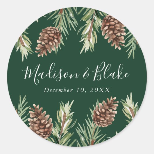 Winter Waterverf Pine Cone Green Wedding Ronde Sticker (Voorkant)