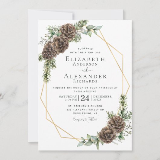 Winter Waterverf Pine Cone Greenery Wedding Kaart (Voorkant)