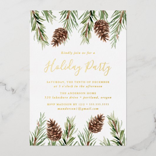 Winter Waterverf Pine Cone Holiday Folie Uitnodiging (Voorkant)