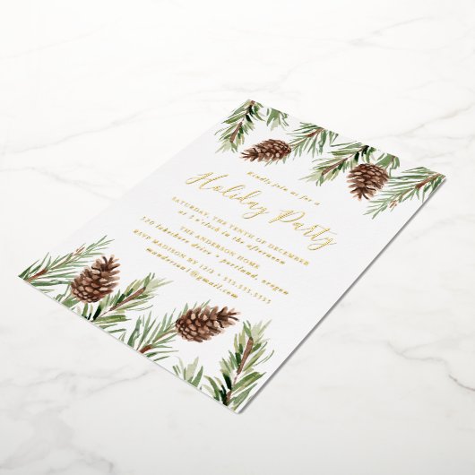 Winter Waterverf Pine Cone Holiday Folie Uitnodiging (Gedraaid)