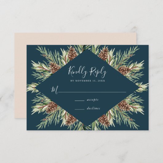 Winter Waterverf Pine Cone Lijst Bruiloft RSVP Informatiekaartje (Voorkant / Achterkant)