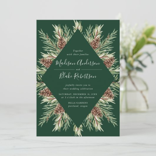 Winter Waterverf Pine Cone Lijst Green Wedding Kaart (Staand voorkant)