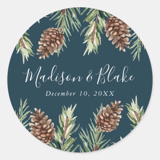 Winter Waterverf Pine Cone Navy Wedding Ronde Sticker (Voorkant)
