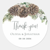 Winter Waterverf Pine Cone Weddenschap Bedankt Ronde Sticker (Voorkant)