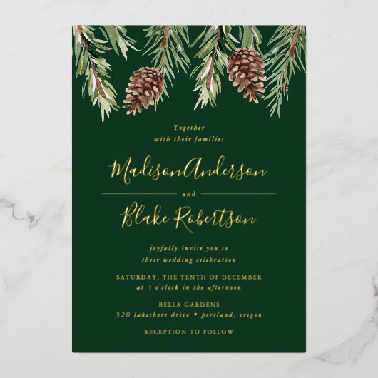 Winter Waterverf Pine Cone Wedding Folie Uitnodiging (Voorkant)