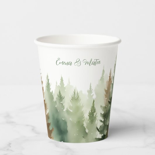 Winter Waterverf Pine Trees Forest Wedding Papieren Bekers (Achterkant)