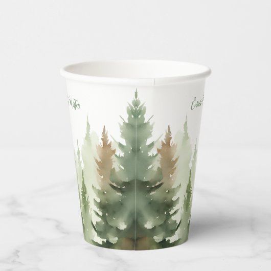 Winter Waterverf Pine Trees Forest Wedding Papieren Bekers (Rechts)